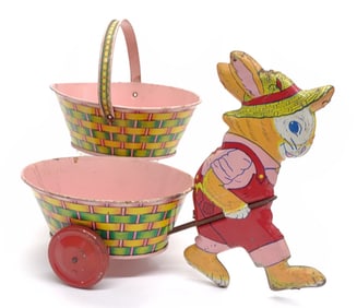 2 J Chein Tin Litho Easter Toys (Rabbit & Basket)