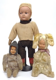 3 Antique Celluloid Face Dolls & Rabbit Doll