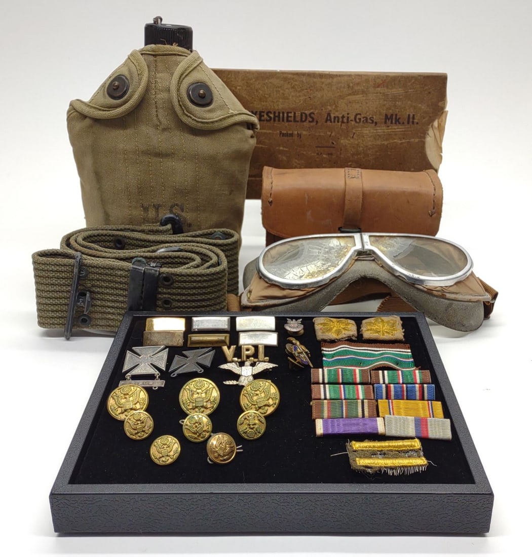 WWII US Army M38 Goggles, Medals, Pins & More: Vintage World War Two (WW2) military items including 3 patches, pistol belt, Browning auto rifle kit, M38 goggles, US Army canteen, MK II (2) Eye shields with original packaging, and 28 badges, pins, 