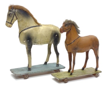 Two Antique German Paper Mache Horse Pull Toys