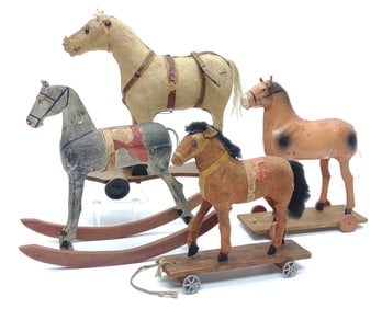 4 Antique German Horse Toys (3 Pull & 1 Rocking)