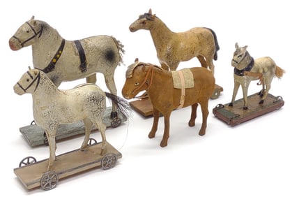 5 German Paper Mache Horse Pull Toys