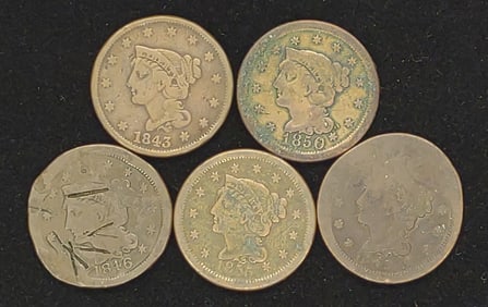 (5) Braided Hair Large Cent US Coins (1843-1855)