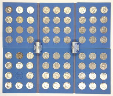 110 Kennedy Half Dollar Coins & Whitman Full Books: (110) US Kennedy half dollar coins including (2) complete copyright 1968 Whitman coin collection books / albums 1964-1985, No. 9699. Includes (14) 40% silver coins. FV: $55.00. Each book measures appr