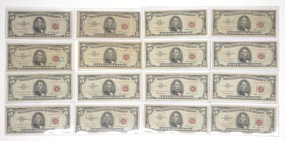 (16) $5 Red Seal Federal Reserve US Bank Notes