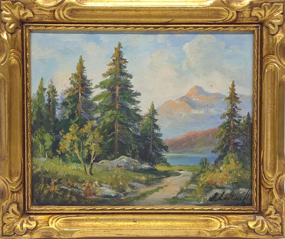 Jeremy Lettwill Original Oil on Canvas Painting: Jeremy Lettwill (British, b. 1912), original oil on canvas landscape painting. Artists signature located on the bottom right hand corner of art piece. David Bendann Fine Art Rooms, Baltimore, MD label