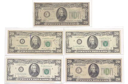 (5) $20 Green Seal Federal Reserve US Bank Notes