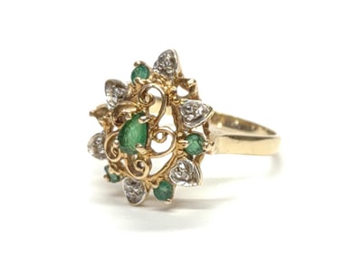 10K Gold Emerald & Diamond Cocktail Ring (sz 8)