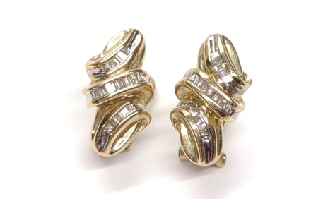 Pair of 10K Gold Baguette Cut Diamond Earrings