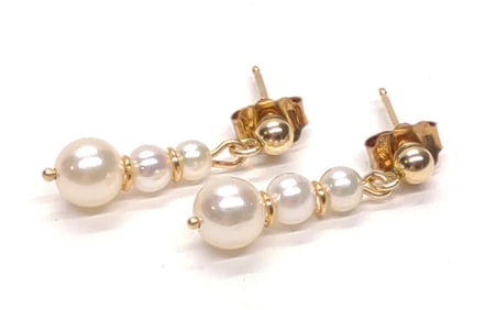 14K Gold Triple Pearl Drop Earrings