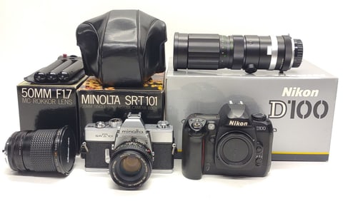 Minolta SRT 101 & Nikon D100 Cameras w/ Lenses