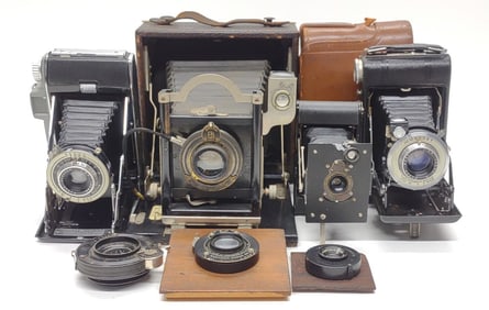 4 Vintage Kodak Folding Cameras & 3 Lenses