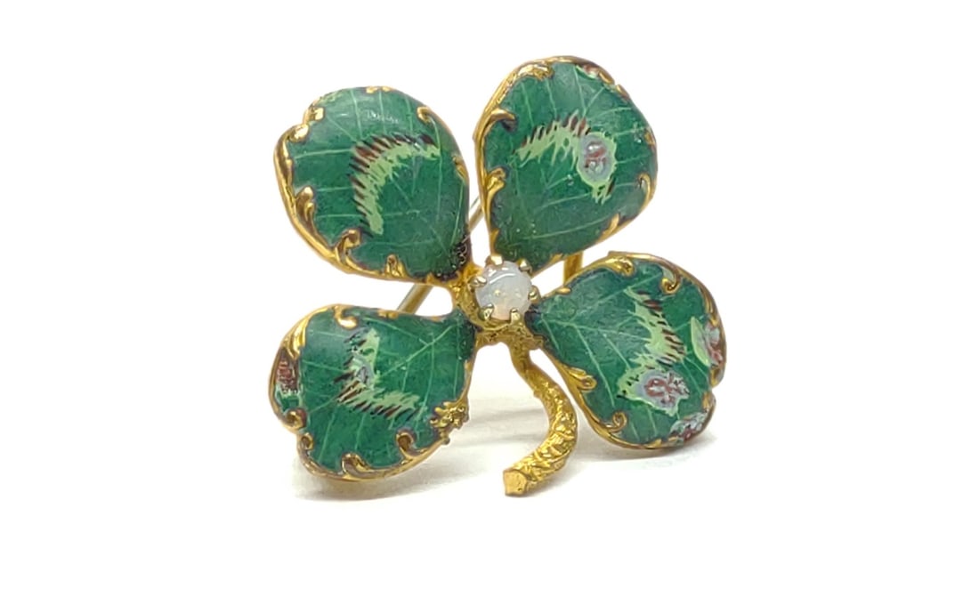 Art Nouveau Opal Enamel Gold Filled Clover Brooch: An antique, art nouveau era, gold filled enamel 4 leaf clover brooch / necklace pendant with center mounted round opal stone. C style clasp with pendant loop. Unmarked. No chips or cracks in opal. 22m
