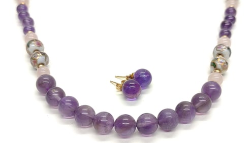 14K Amethyst & Cloisonne Bead Necklace & Earrings