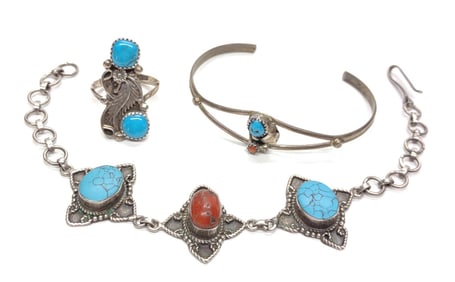 3 pc Turquoise & Coral Sterling Silver Suite / Set