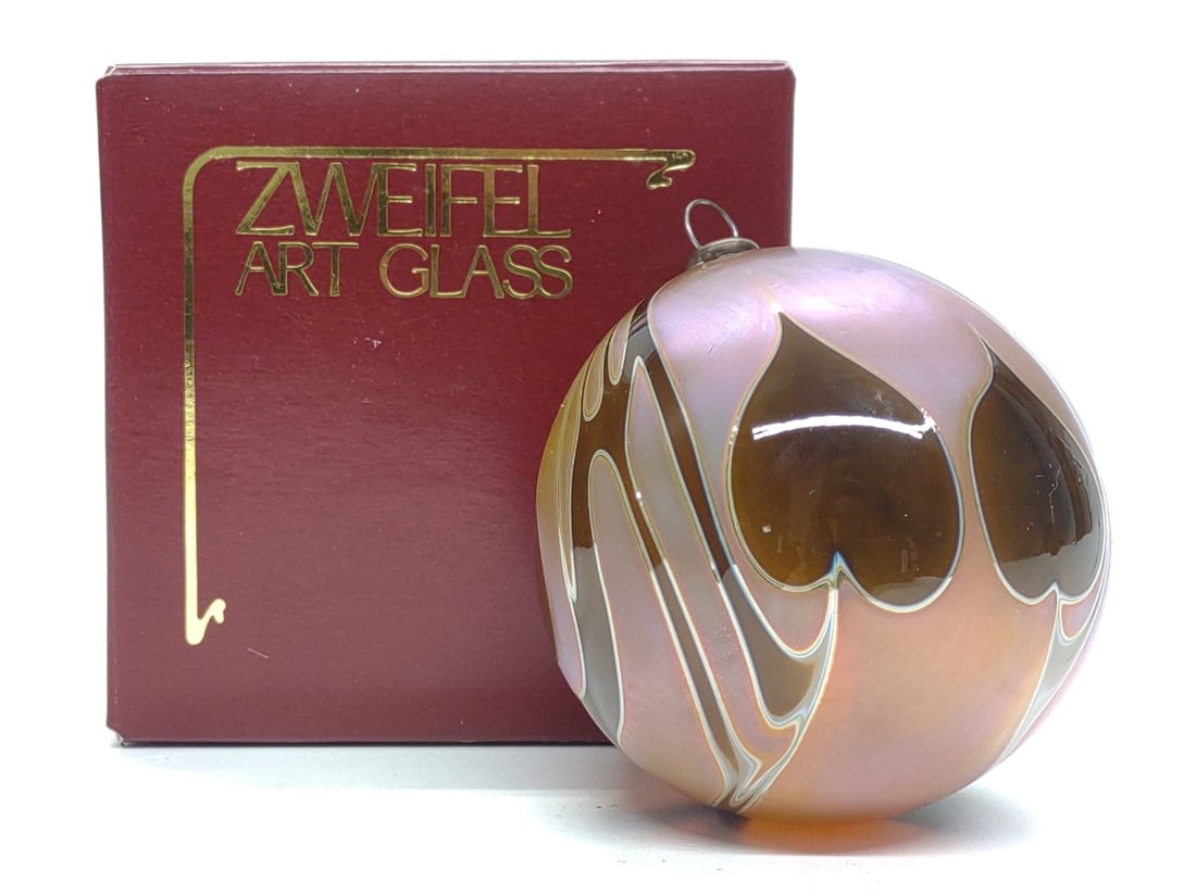 Zweifel Art Glass Christmas Ornament (Signed): Vintage Craig Zweifel 3" diameter art glass Christmas tree ball shape pulled hearts ornament. Signed "Zweifel 84" in good condition, no chips or cracks. One Zweifel box included. Box measures approx: