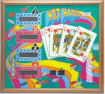 Stern Hot Hand Pinball Backglass in Frame: Vintage, 1979, Stern Hot Hand pinball machine game backglass mounted in wooden frame. Measures approx.: 28 x 30 1/2 in. SHIPPING NOTE: In-house international shipping NOT available for this item. Avai