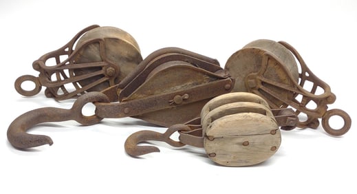 4 Antique Wood & Iron Pulleys