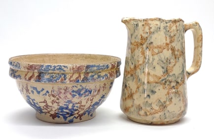 Antique Spongeware Pottery Pitcher & Bowl