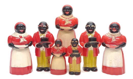 7 Vintage F&F Black Americana Shakers & Syrup: 6 Vintage F&F black americana Aunt Jemima and Uncle Moses salt and pepper shakers and 1 syrup dispenser. All shakers and dispenser are marked "Fiedler & Fiedler (F & F) Mold and Die Works Dayton Ohio