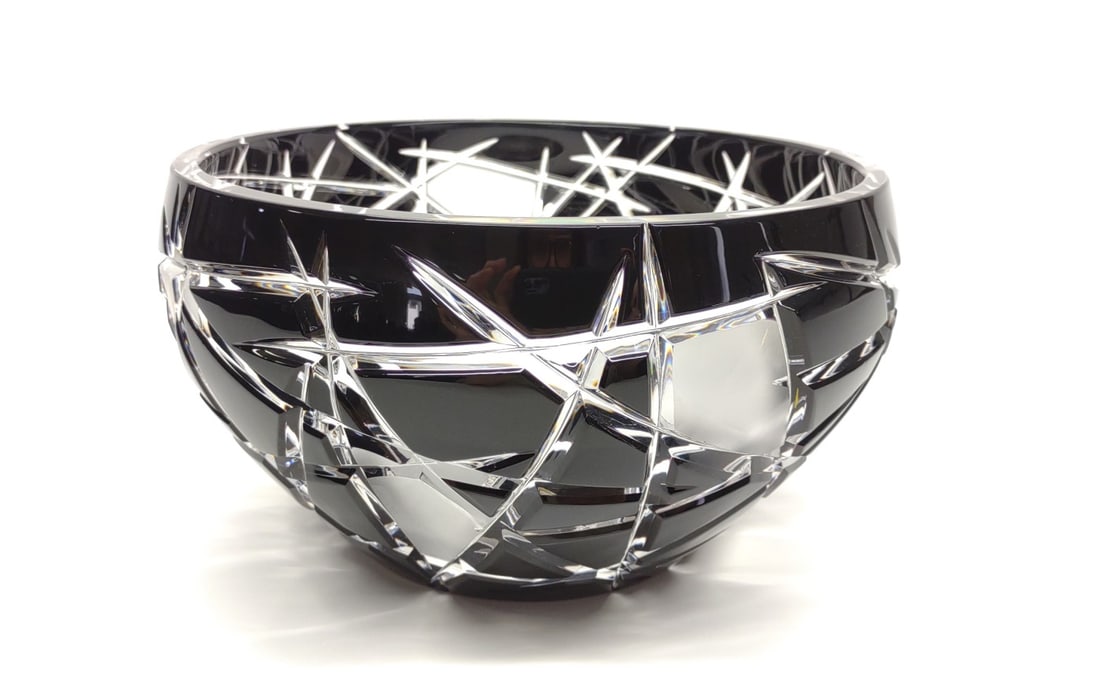 Bohemian Black Cut to Clear Frosted Crystal Bowl: Black Bohemian cut crystal art glass centerpiece bowl. Bowl is decorated with black etched cross hatching pattern, with frosted accents. No chips or cracks. Unmarked. Measures approx.: 5 x 8 1/2 in. d