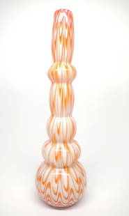 Tozai Home White & Orange Art Glass Vase 22.5": Tozai Home "Orange Cream" contemporary art glass vase. Vase is decorated with a white and orange swirl pattern resembling orange cream candies. Vase is marked "Tozai Home". No chips or cracks. Measure