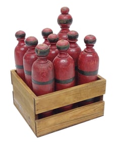 9 pc Antique Red Wooden Skittle Pin Set