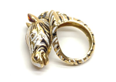 Designer 18K Gold & Enamel Zebra Ring (sz 5.75)
