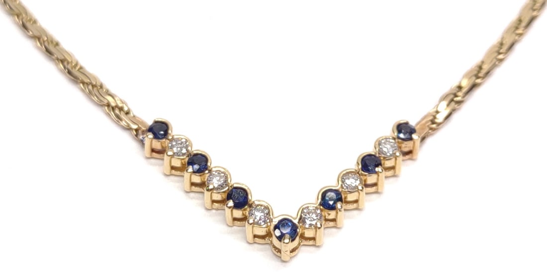 14K Gold Chevron Diamond & Sapphire Necklace (19") (1 of 9)