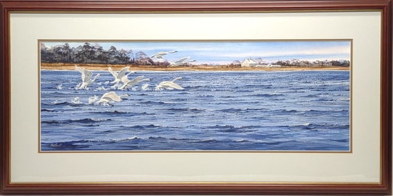 Ned Ewell Original Watercolor of Swans Flying