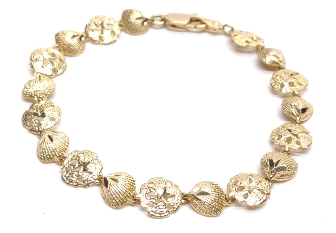 14K Gold Sand Dollar & Seashell Bracelet 7" Long (1 of 6)