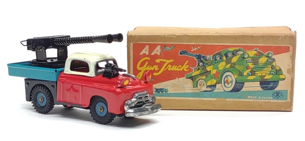 Vintage Japan AA Gun Truck Tin Friction Toy w/ Box