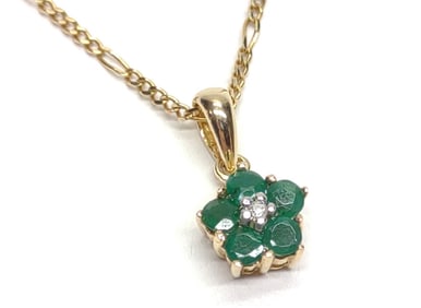 14K Gold Emerald & Diamond Pendant & Figaro Chain