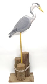 Vernon Bryant Blue Heron on Pilings Carved Bird