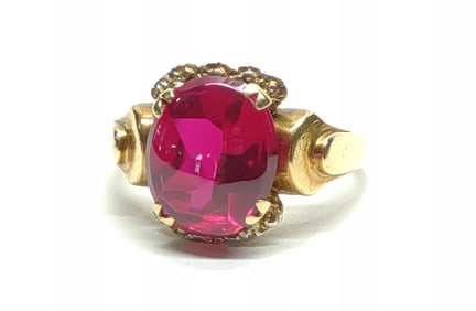 Art Deco 14K Buff Top Synth. Ruby Ring (sz 7.25)