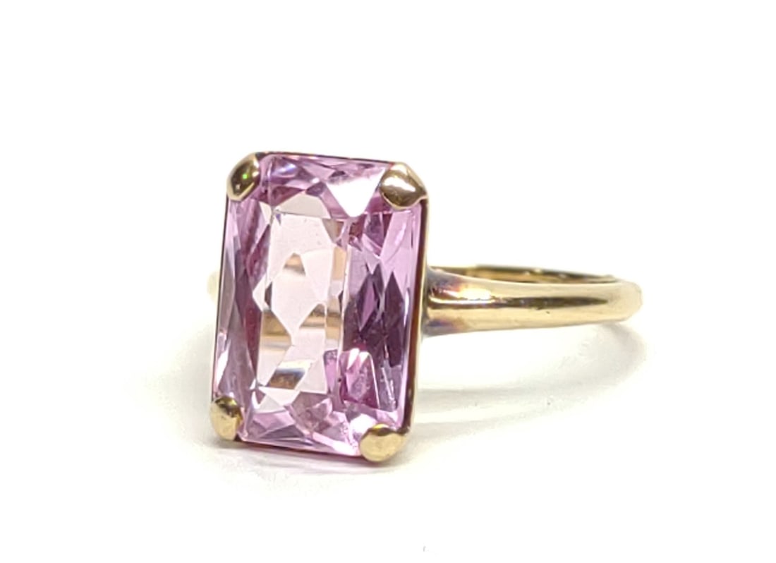 14K Gold 9ct Synth. Pink Sapphire Ring (sz 10) (1 of 7)