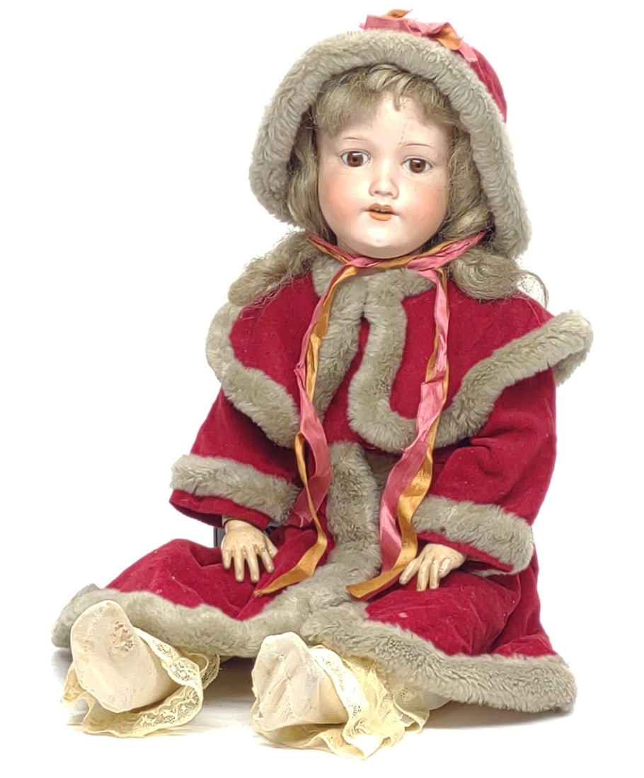 28" German Armand Marseille Bisque Head Doll: Antique German Armand Marseille signed bisque head doll toy. Back of doll's head is marked "Armand Marseille 390 Germany A.9.M". Doll's body is marked "Quaker Doll Co.". Doll is wearing Christmas shaw