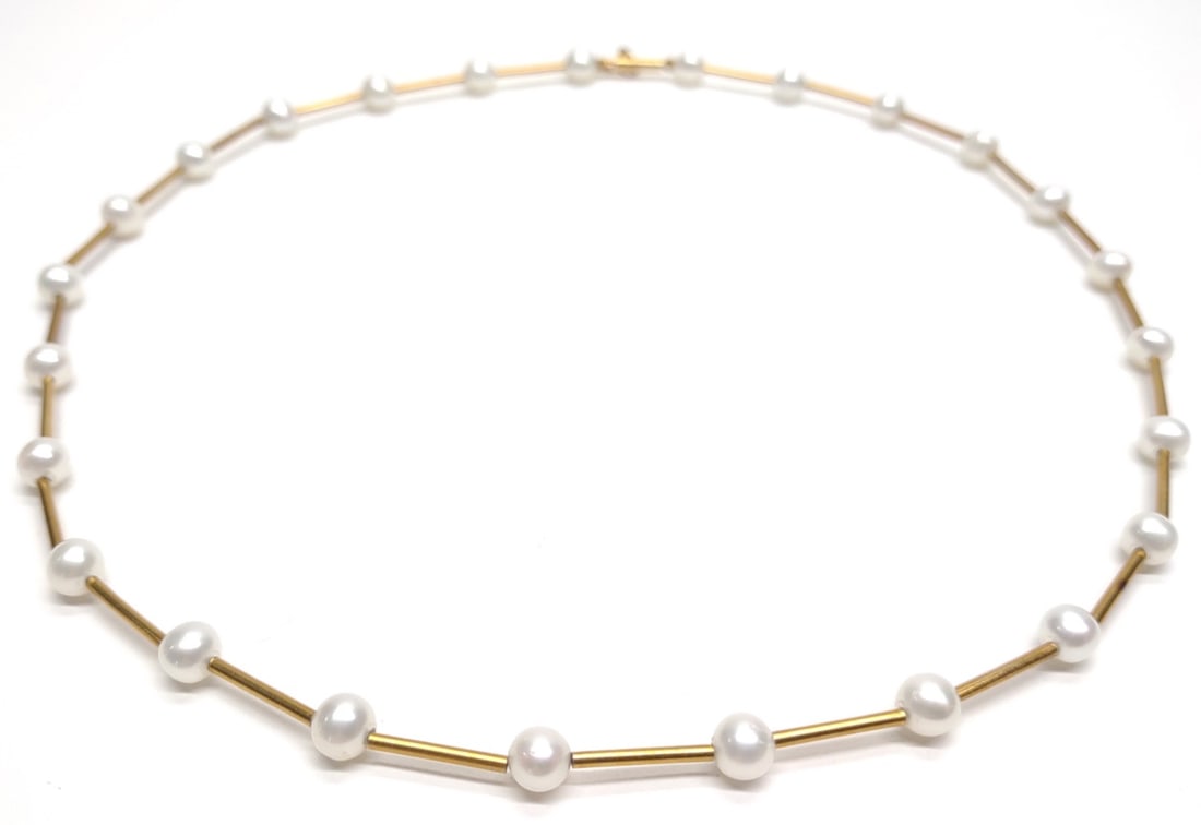 14K Gold & 6mm Pearl Necklace (18" long): 14 karat yellow gold and pearl stranded bead necklace. Features 6mm pearls with beaded 14k gold spacers and 14k gold barrel safety clasp with single catch. 18" long. Marked "14K". Has been tested for