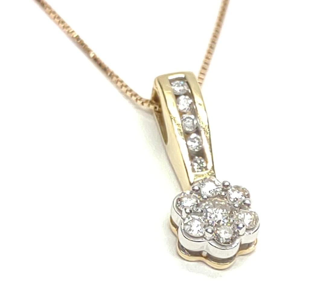 14K Gold Diamond Flower Pendant w/ 14K Box Chain (1 of 9)