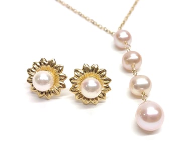14K Gold Pink Pearl Drop Necklace & Earring Set