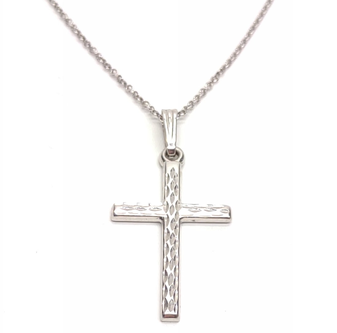 14K White Gold Cross Pendant & 14K Chain (17.5"): 14 karat white gold religious cross pendant with 14k white gold 17.5" long necklace chain. Cross measures 34mm x 16mm. Pendant is marked "14K Israel", chain is marked "14K RCI". Both have been tested