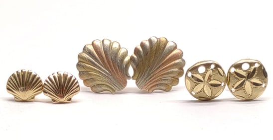 3 Pairs of 14K Gold Seashell Post Earrings