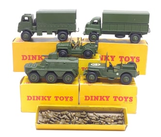 5 Dinky Military Vehicle Toys, Personnel & Boxes