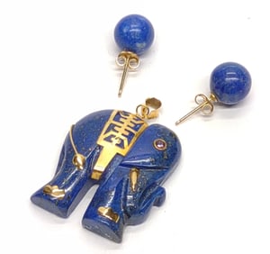 14K Lapis Lazuli Elephant Pendant & Earring Set