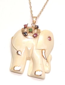 14K Gold Gemstone Elephant Pendant & Chain (18")