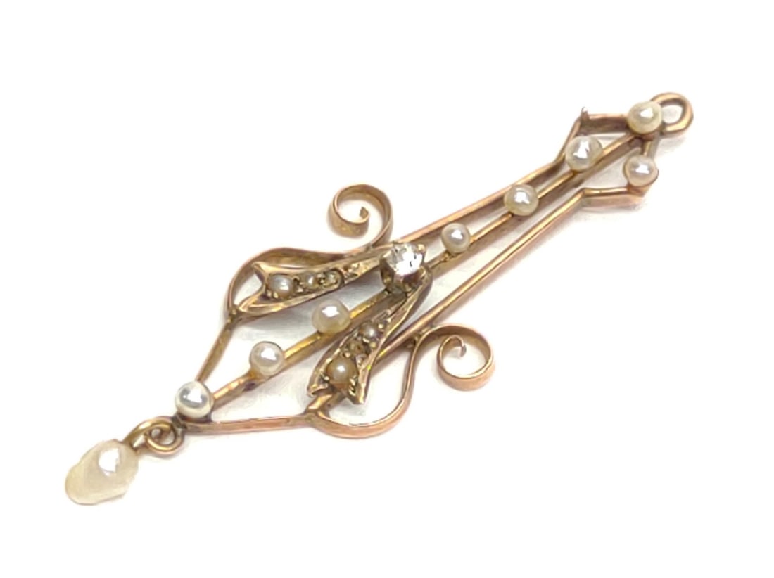 Victorian 14K Gold Diamond Pearl Lavalier Pendant (1 of 5)