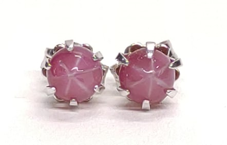 14K White Gold Faux Pink Star Sapphire Earrings