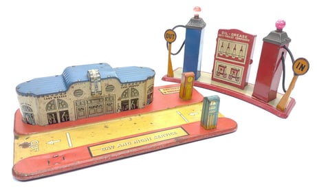 Marx Blue Bird Garage & Gas Pump Station Tin Toys