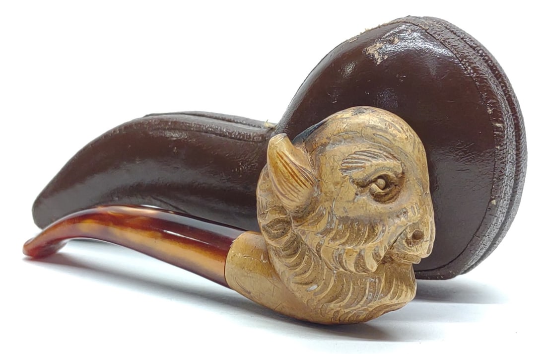 Carved Meerschaum Buffalo Head Pipe w/ Case (CAO) (1 of 7)