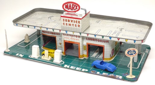 Marx Service Center Tin Gas Station Toy Set